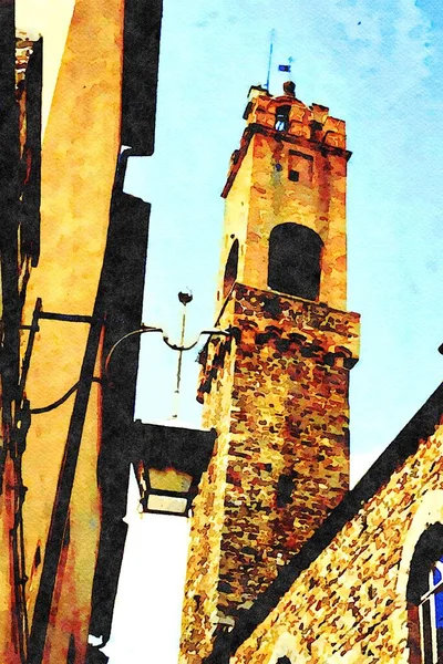 Suluboya Resim Toskana Daki Siena Daki Bir Kilisenin Kulesinin Görüntüsünü — Stok fotoğraf