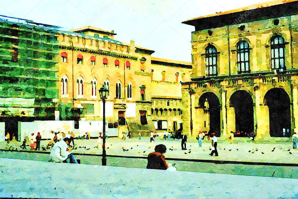 Watercolorstyle picture that represents a glimpse of a square in the historic center of a Tuscan city