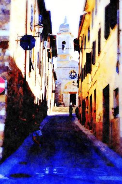 Toskana 'da Siena yakınlarında küçük bir kasabada arka planda görülebilen tarihi bir kiliseyi temsil eden suluboya resim.