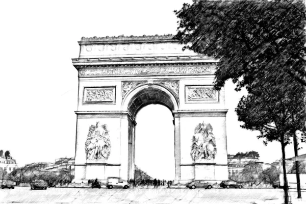 Desenho Preto Branco Que Representa Vislumbre Arco Triunfo Paris — Fotografia de Stock