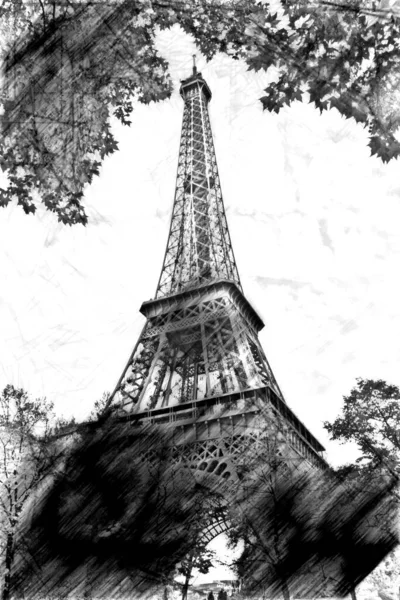 Schwarz Weiße Zeichnung Mit Blick Auf Den Eiffelturm Paris — Stockfoto