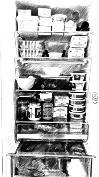 Black White Drawing Represents Interior Home Refrigerator Shopping Quarantine — Stock Photo, Image