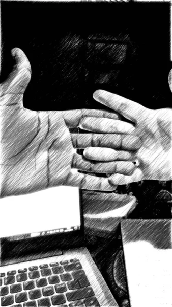 Black White Drawing Representing Two Hands Intertwined Work Together Home — Stock Photo, Image