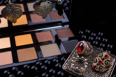 Makyaj araçları ve gümüş aksesuarlar kürk siyah arka plan üzerinde 