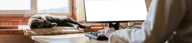 Bilgi işlem ekipmanları ve internet iletişimi olan merkez ofis. Evde çalışmak ve uzaktan erişim kavramı. Panorama.