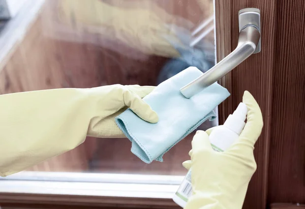 Woman Cleaning Door Handle Sanitizer Spray Disinfection House Concept Royalty Free Stock Images