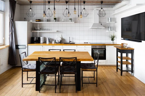 Design Interiores Cozinha Comer Estilo Escandinavo Moderno Com Grande Mesa — Fotografia de Stock