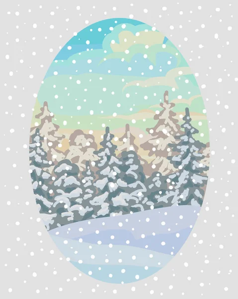 New year card with winter landscape. Artistic winter snowy landscape with fir trees in pastel colors.