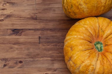 İki büyük sarı balkabağı yan yana yatar.