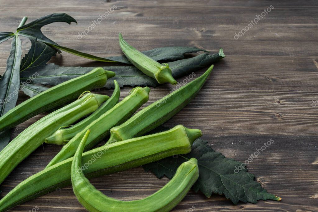 Frutas de okra verdes yacen en hojas de okra 2023