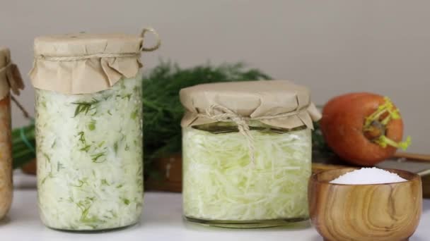 Three Types Fermented Cabbage Glass Jars Close — Stock Video