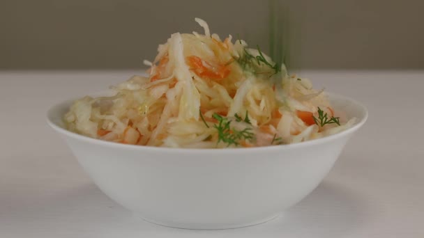 Fresh Chopped Dill Added White Bowl Fermented Cabbage Carrots Close — Stock Video
