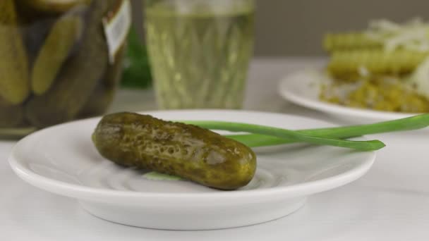 Woman Spreads Fermented Cucumbers Jar Puts Them White Plate Close — 비디오