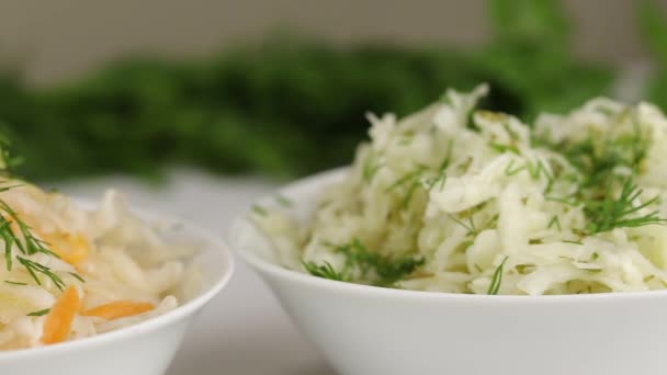 The camera moves along white plates with different types of fermented cabbage, close-up — Stock Footage Camera Moves White Plates Different Types Fermented Cabbage Close Stock Footage