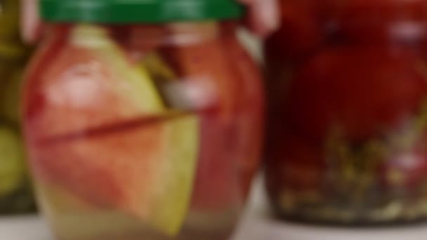 Female Hand Moves Jar Chopped Fermented Watermelons Blur Focus Close — 비디오