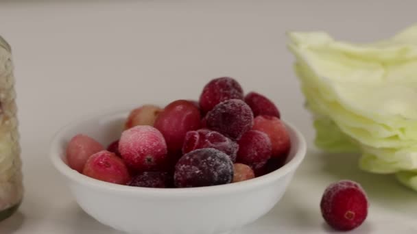 Câmera Move Longo Ingredientes Itens Para Decapagem Repolho Com Cranberries — Vídeo de Stock