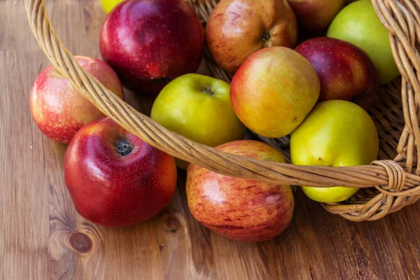 Kırmızı, yeşil ve sarı elmalar hasır bir sepetten yuvarlandı.