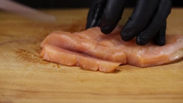 Chef Cuts Salmon Filet Cubes Close — Stock Video