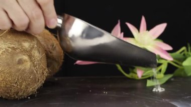 Bir kadın eli, metal bir kepçeden siyah bir yüzeye yakın çekimde rendelenmiş hindistan cevizi talaşı döküyor.