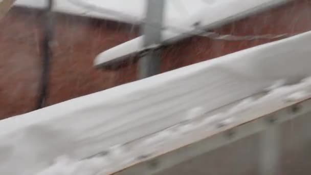 Man Stor Skyffel Rengör Taket Ett Växthus Ett Snöfall — Stockvideo