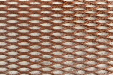 Kalın kahverengi demirden yapılmış paslı metal örgüler. Sivri uçlu elips şeklindeki hücreler.