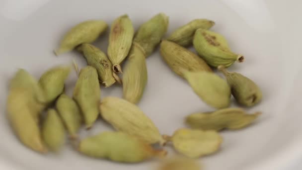 Frutas Cardamomo Caen Recipiente Transparente Vidrio Primer Plano — Vídeo de stock