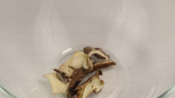 干枯的温室蘑菇落在透明玻璃碗里 — 图库视频影像