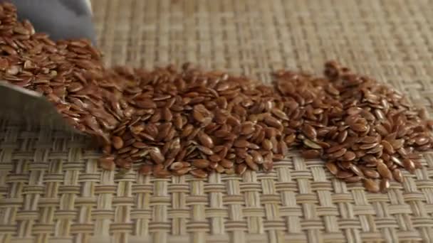 Flax Seeds Falls Out Metal Scoop — Stock Video