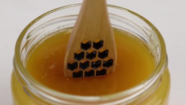 一只有蜂窝状小孔的木制勺子泡在装有深色蜂蜜的玻璃瓶里 — 图库视频影像