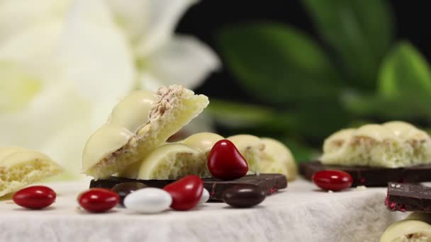 White Porous Chocolate Dark Chocolate Fruits Heart Shaped Candies Lie — Stockvideo