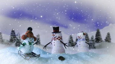 Kardan Adam Ailesi karda kayıyor ve eğleniyor