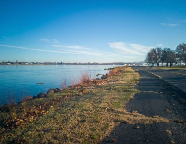 Columbia Nehri 'nde kanatlı ördekler mavi gökyüzü ve bulutlarla güneşli bir sabahta Kennewick-Pasco Washington' da