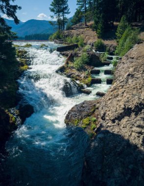 Berrak Göl Şelaleleri 'nde Fish Ladder' la birlikte. Etrafı bulutlu kayalık kayalıklarla çevrili. Yazın Rimrock Gölü yakınlarındaki Mount Rainier 'in doğusunda mavi bir gökyüzü.
