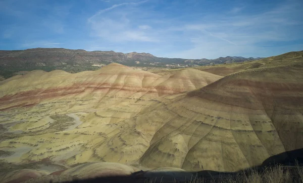 カラフルなジョンの日を息をのむ化石ベッドは オレゴン州の半砂漠の風景の中に赤い緑の黒いオレンジと黄色の縞で丘を描いた — ストック写真