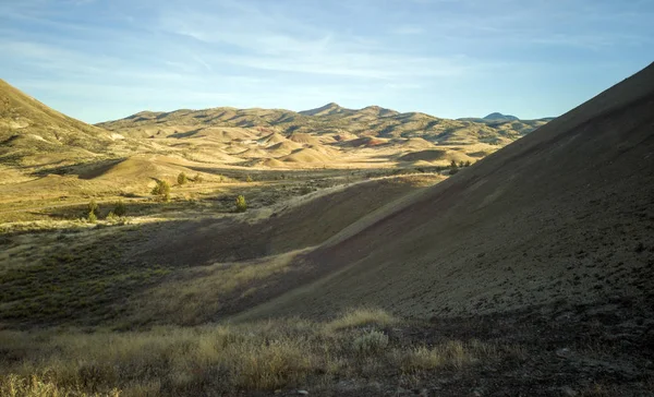在俄勒冈州的约翰市 一个阳光灿烂的海湾小径上 一个半荒漠的山谷里有着令人难以置信的黄金和红色黏土化石层 — 图库照片