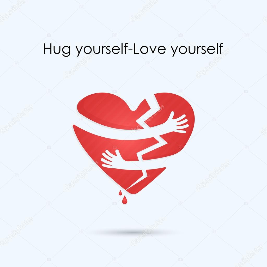 Broken heart icon.Hug yourself or Love yourself logo.Love and Heart Care logo.Heart shape and healthcare & medical concept.Vector illustration
