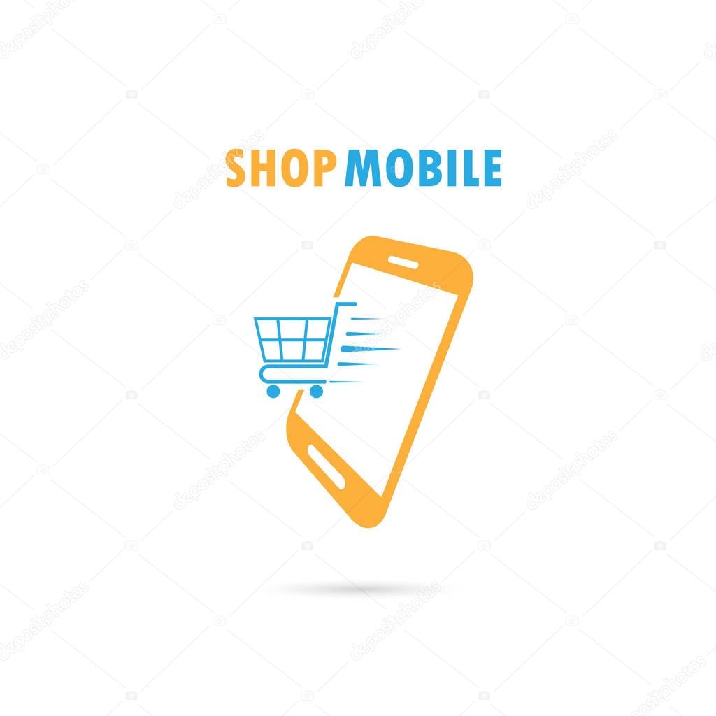 Mobile phone with online shopping application.Internet shopping phone concept illustration.Shopping cart flying out of phone screen.Buying shopping online.Vector illustration