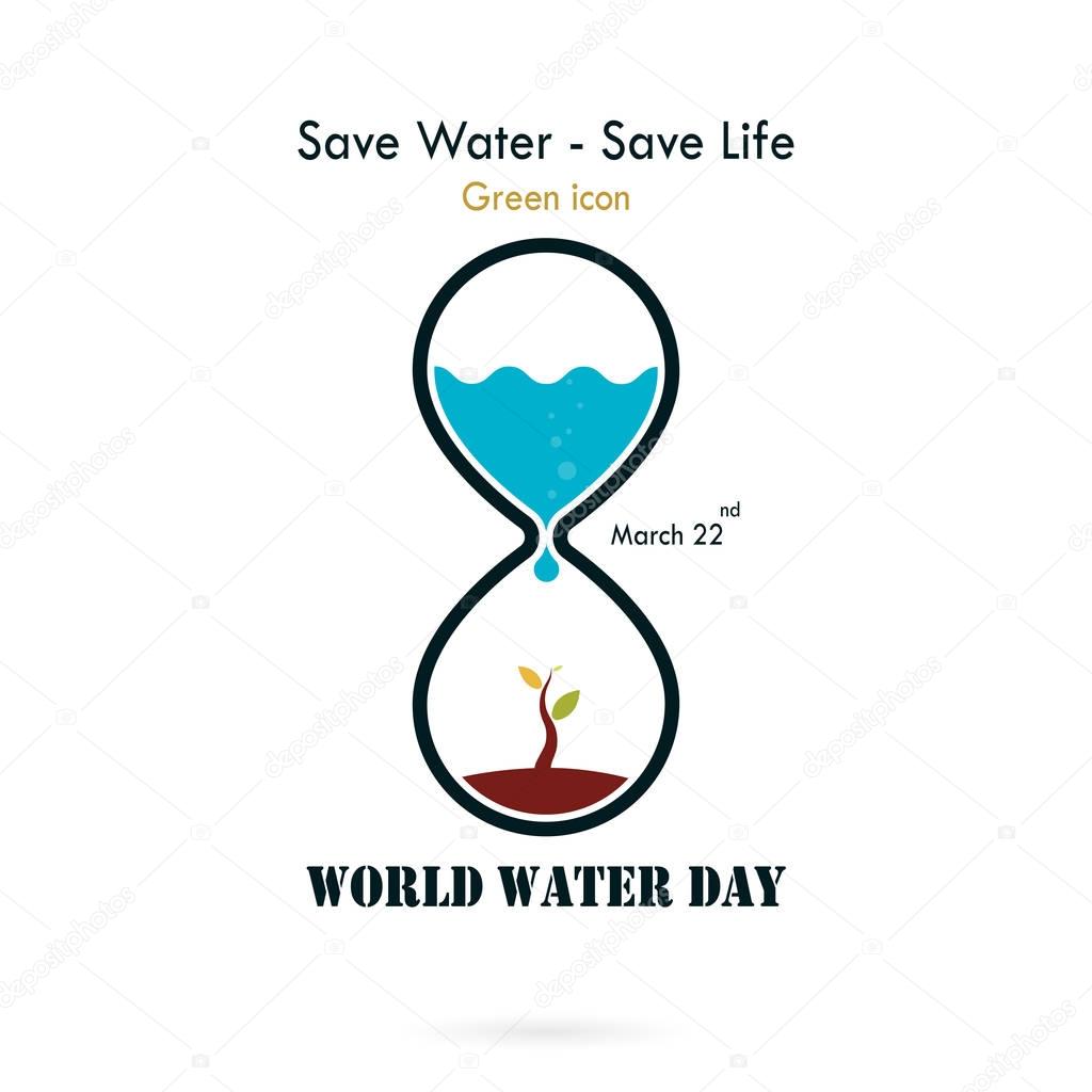 Water drop and sandglass icon with small tree icon vector logo design template.World Water Day icon.World Water Day idea campaign concept for greeting card and poster.Vector illustration
