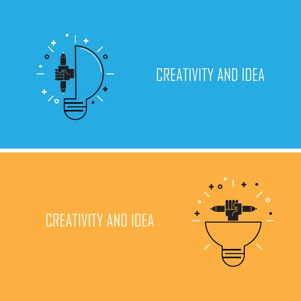 Idée créative de lumière d'ampoule et icône de main de crayon, conception plate. — Image vectorielle