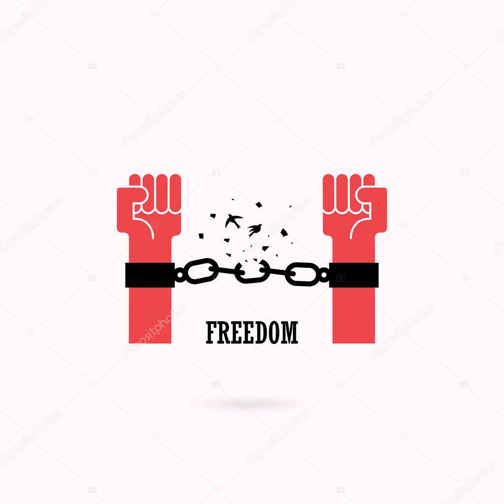 Human hands and broken chain with the bird symbols.Freedom conce