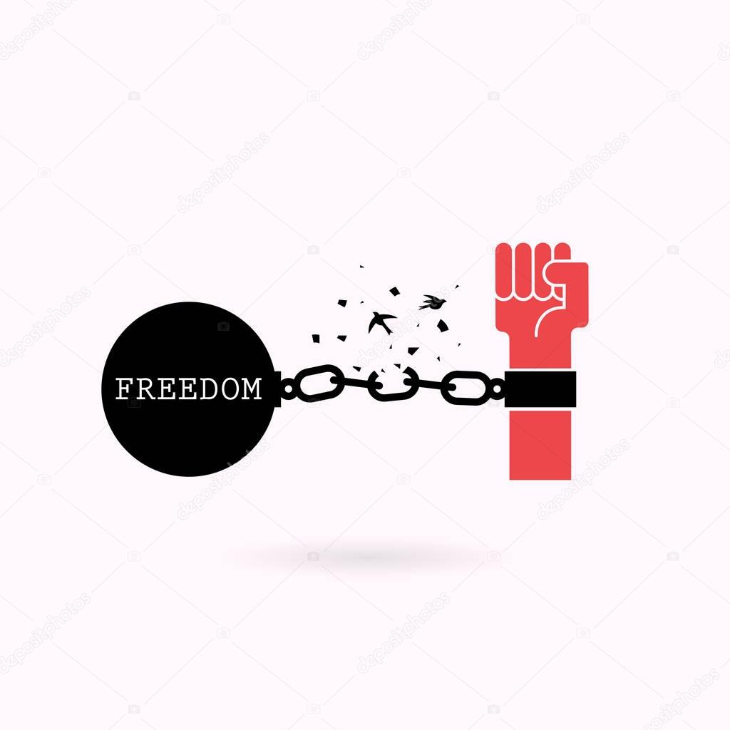 Human hands and broken chain with the bird symbols.Freedom or in