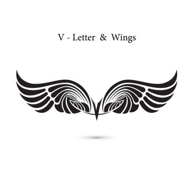 V-mektup işareti ve Melek kanatları. Monogram kanat logo mockup. Klasik 