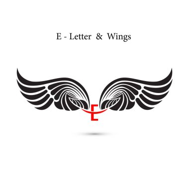 E-mektup işareti ve Melek kanatları. Monogram kanat logo mockup. Klasik 