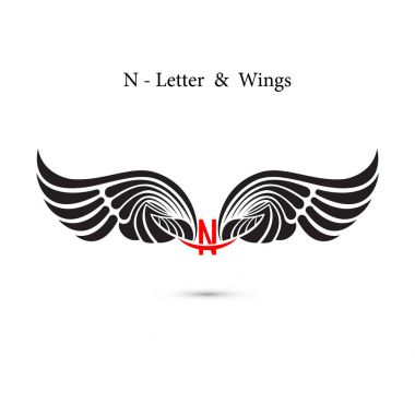 N-mektup işareti ve Melek kanatları. Monogram kanat logo mockup. Klasik 