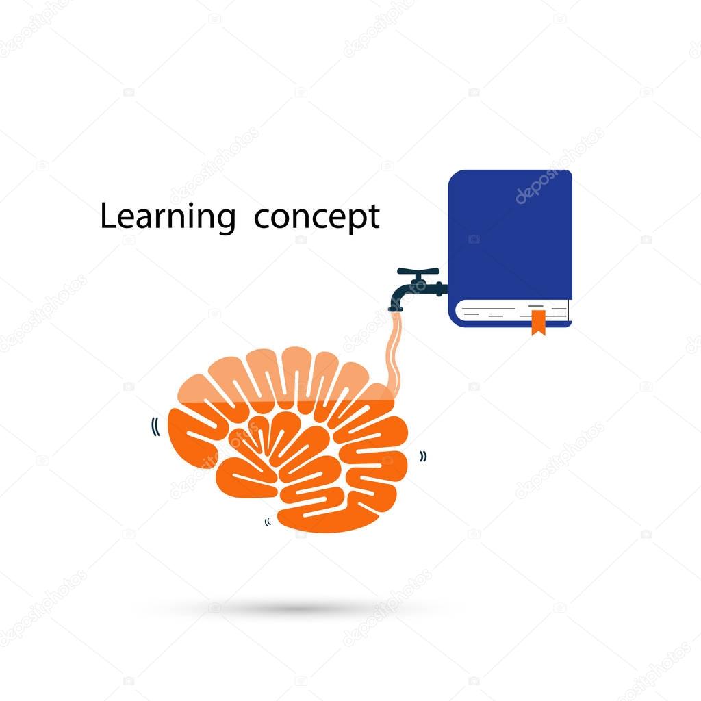 Brains icon and the textbook symbol with Learning and Knowledge filling concept.Thinking process brain and quick learning concept.Vector illustration.