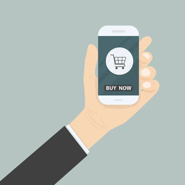 Zakenman hand en online winkelen website op slimme telefoon. Onli — Stockvector