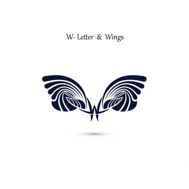 W-mektup işareti ve Melek kanatları. Monogram kanat vektör logo şablonu