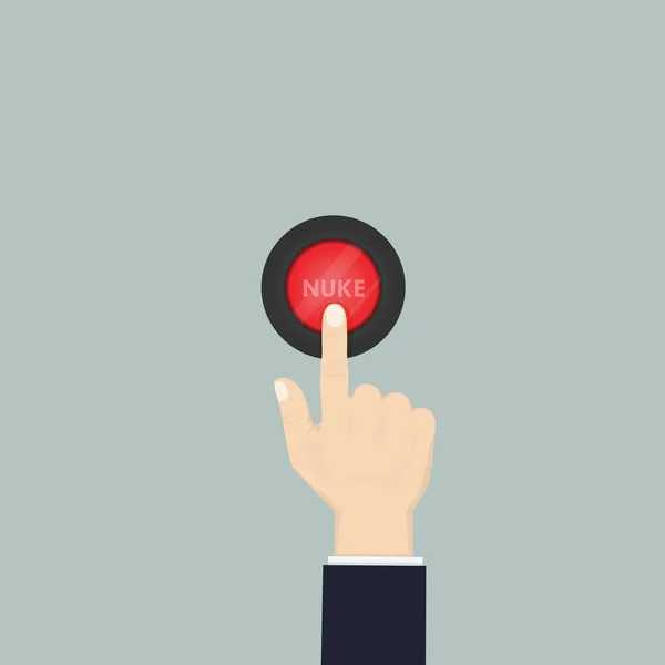 Mano presionando el botón rojo. Mano humana con el botón Nuke. — Archivo Imágenes Vectoriales