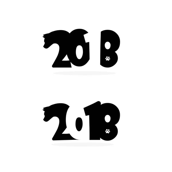 Ευτυχισμένο το νέο έτος 2018 κείμενο σχεδιασμό με το κεφάλι και το αποτύπωμα του σκύλου s — Διανυσματικό Αρχείο