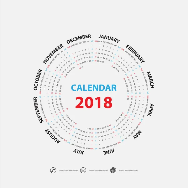 Template.Calendar kalendarz 2018 2018 rok. Kalendarz rozpoczyna się fr — Wektor stockowy